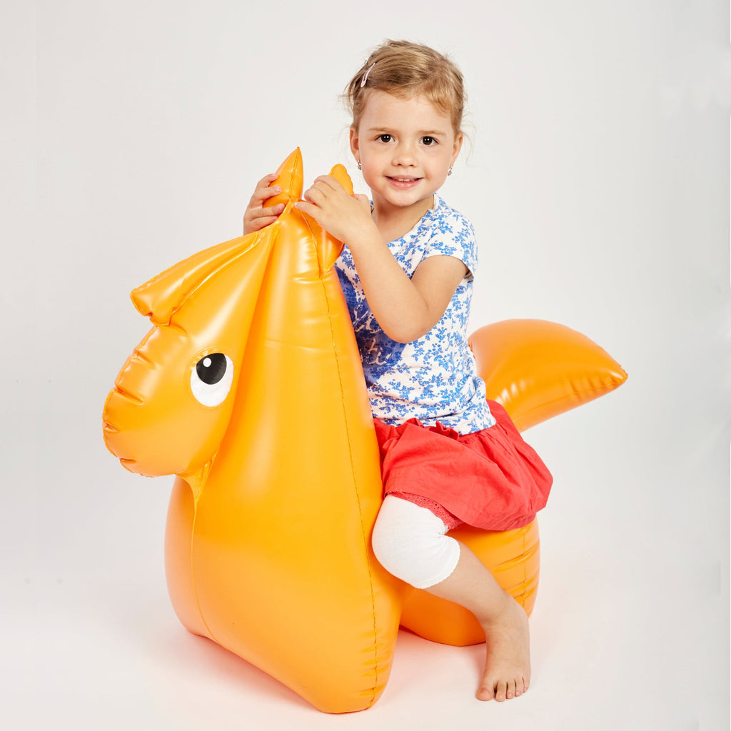 Inflatable pony with a child sitting on it