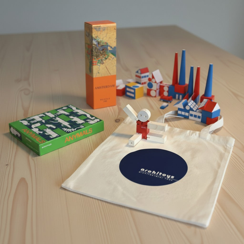 Architoys wooden products, puzzle, game, and tote bag on a table