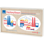 Factory Town comes in a beautiful wooden box featuring paintings of the blocks
